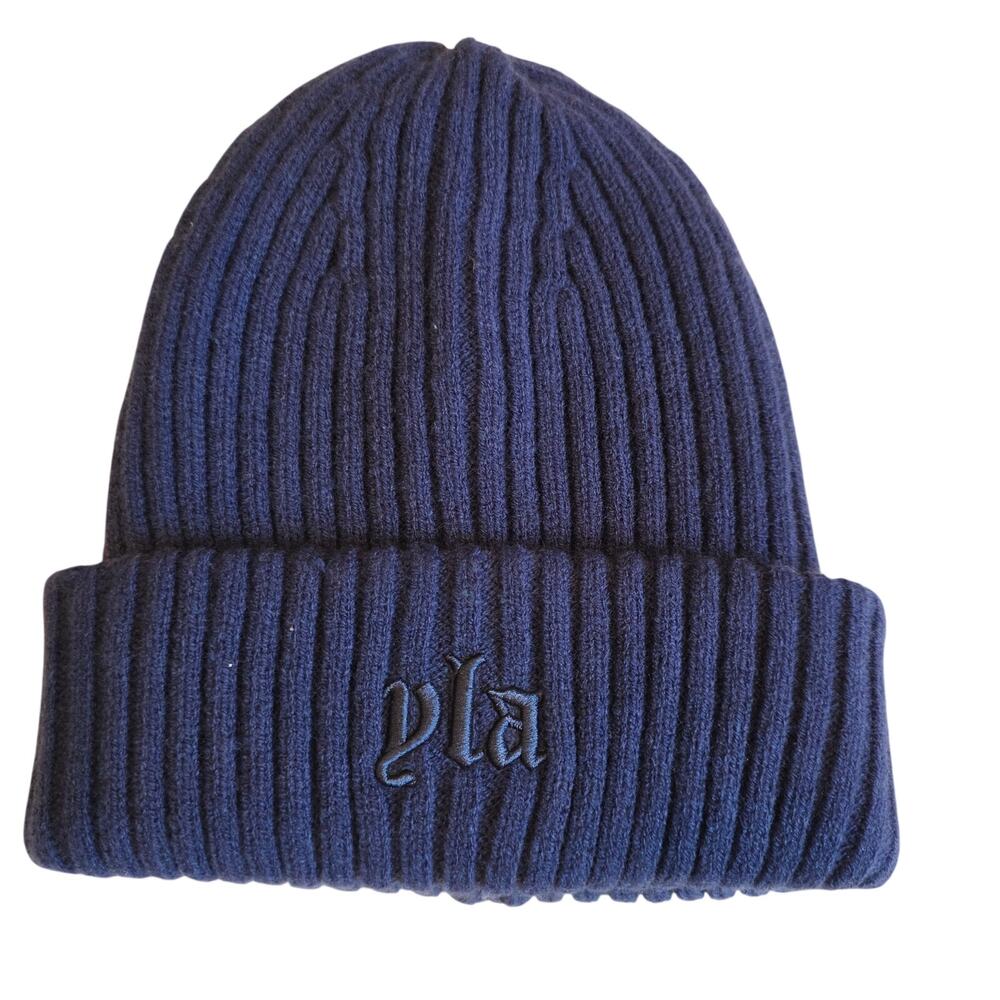 NWOT YoungLA Ribbed Beanie Navy Blue YLA Embroidered Gothic Metal Bar Plate